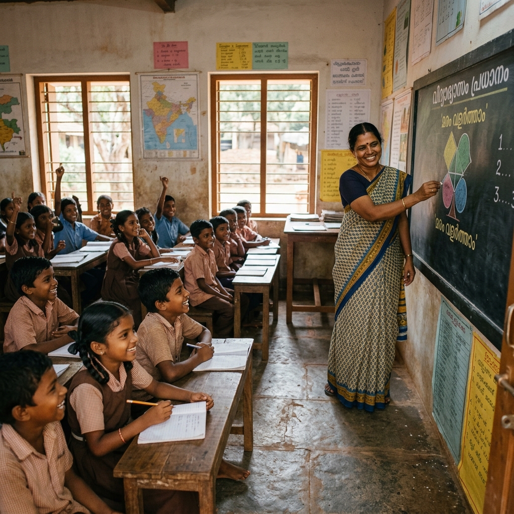 Underprivileged children in a rural Rajasthan classroom listening attentively to a teacher
