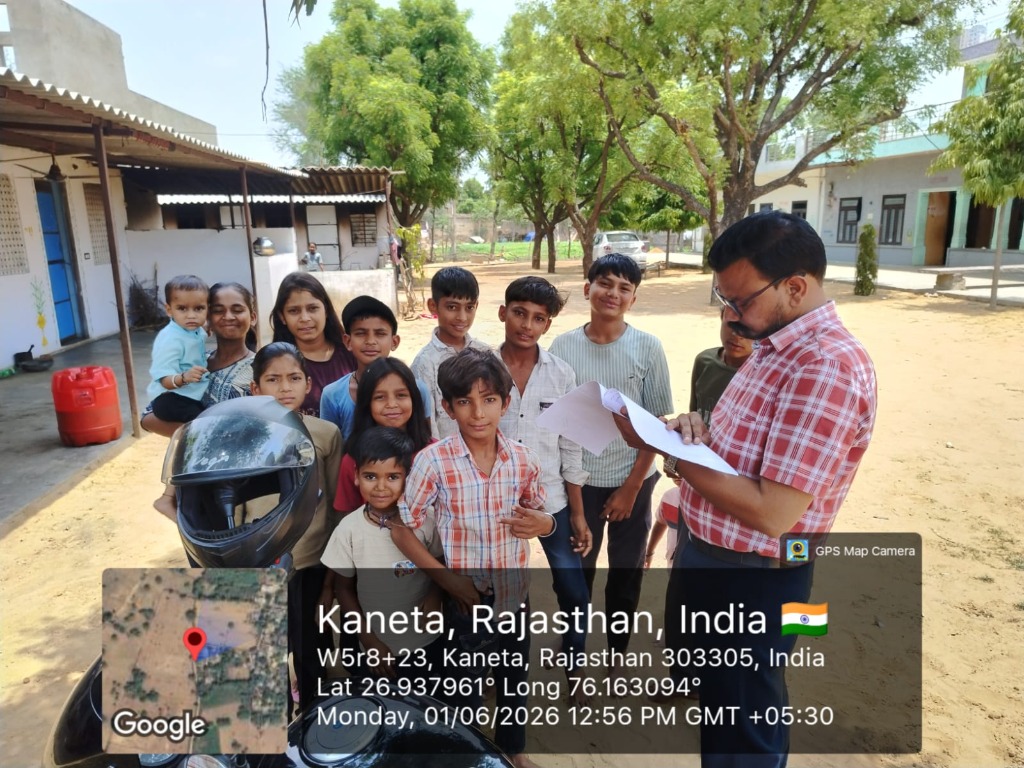 NGO team conducting student registration drive in Kaneta village, Rajasthan