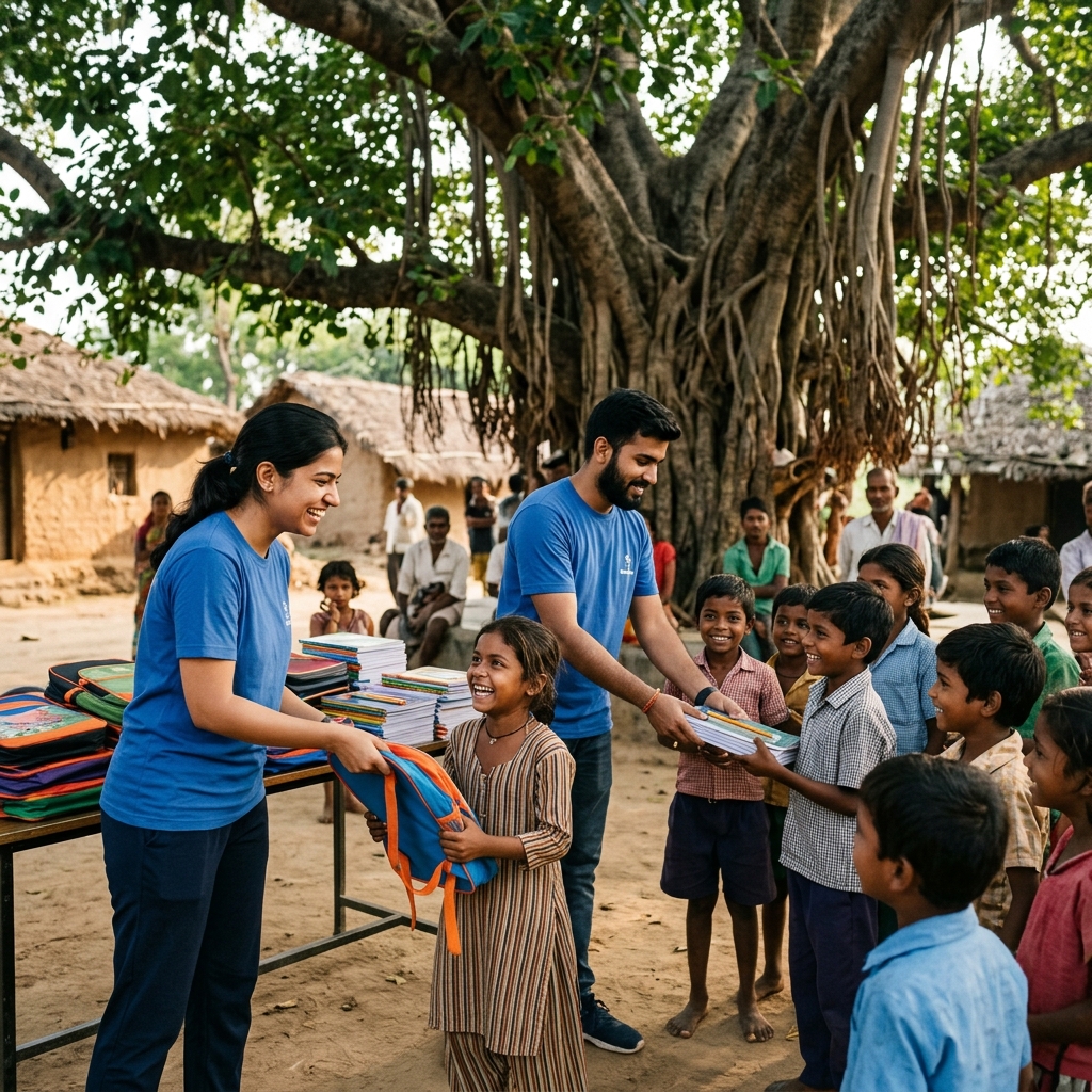NGO volunteers distributing bags and books to happy rural children